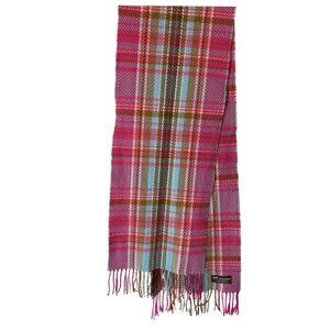 Pink & Blue Tartan 100% Cashmere Scarf Made In Scotland Fringe Edges